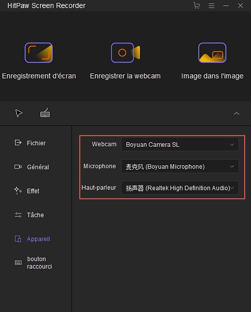 HitPaw Enregistreur d'écran réglage d'appareil