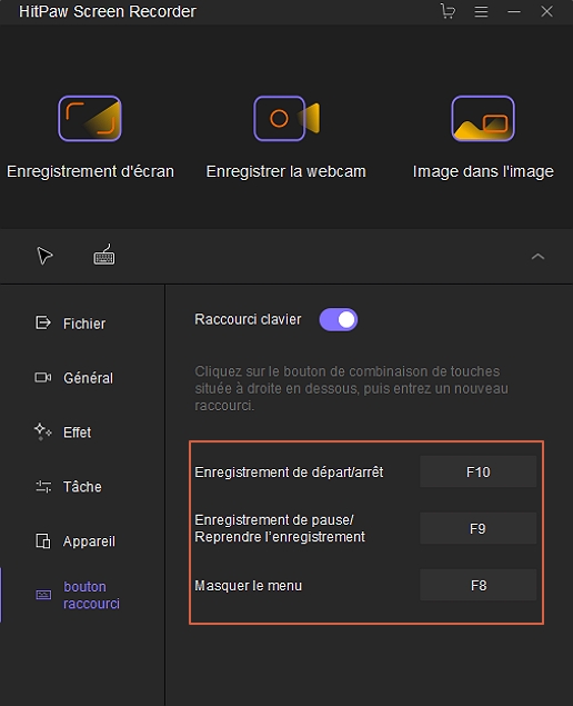 HitPaw enregistreur d'écran paramètres de raccourci