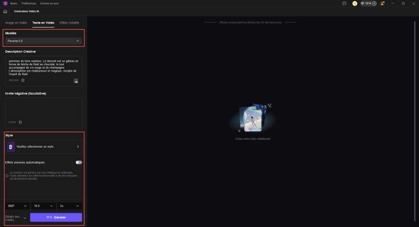 Sélectionner le modèle IA et ajuster les paramètres de la vidéo
