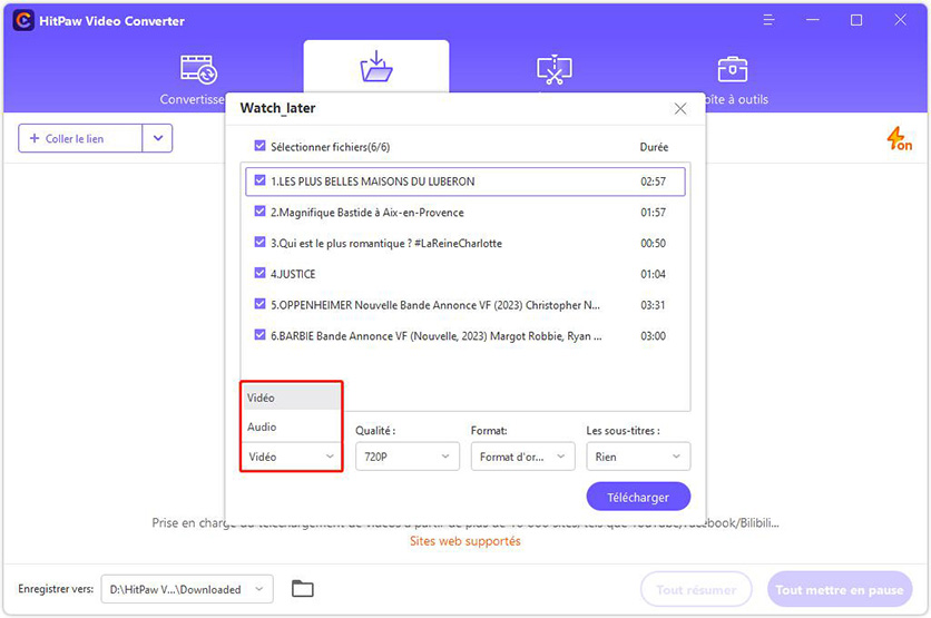 Sélectionnez le type de fichier de la liste de lecture