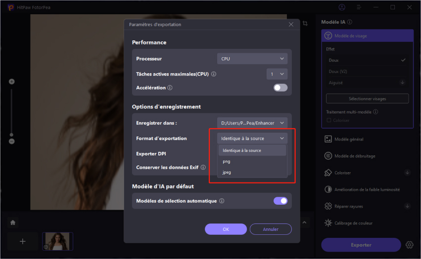 sélectionner le format de sortie