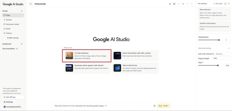 choisir le modèle Nano Banana dans Google AI Studio