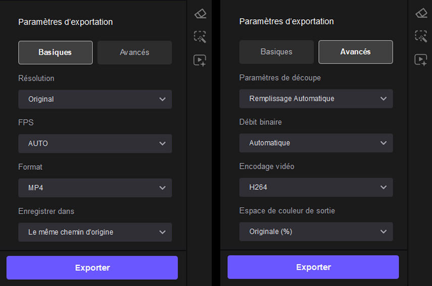 Ajustez les paramètres d'exportation