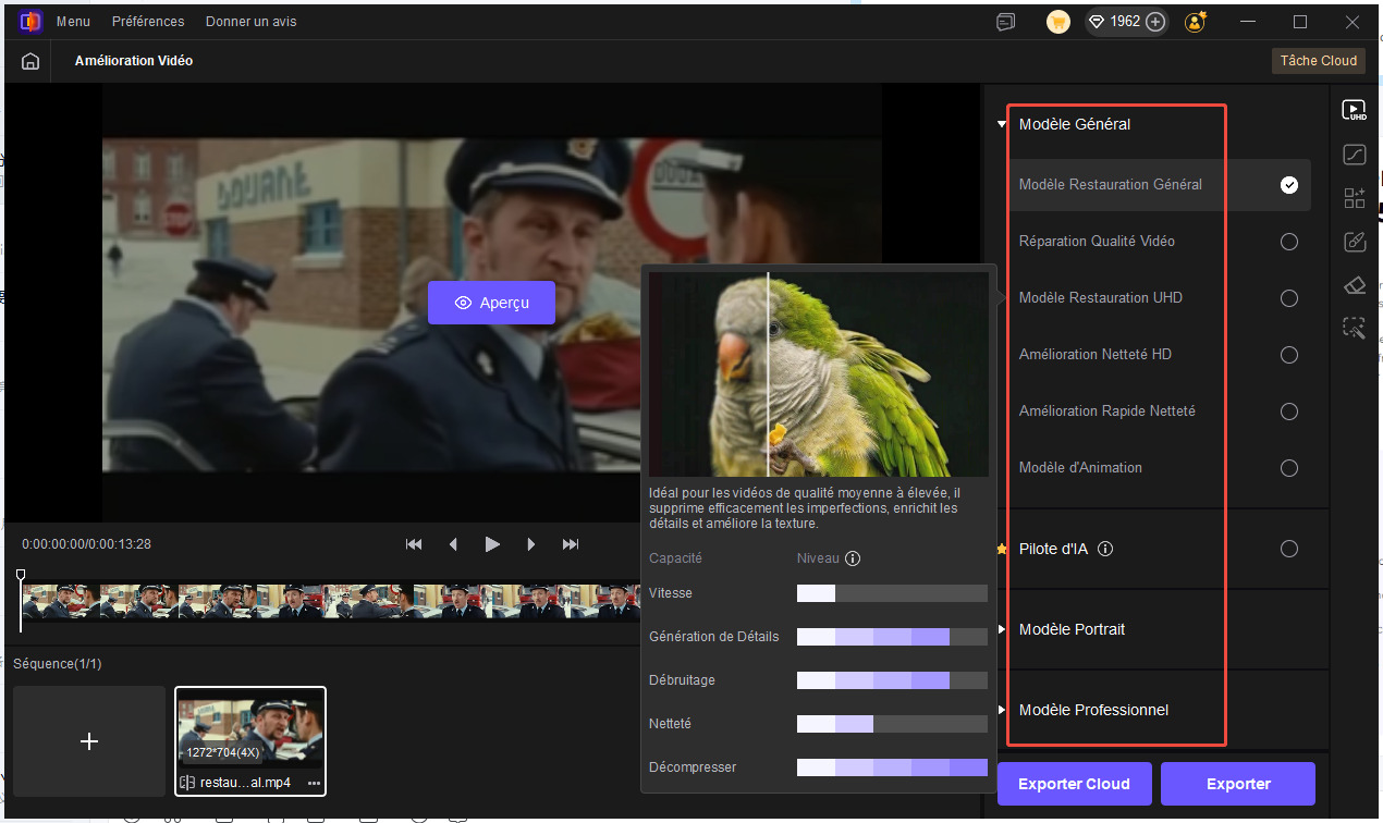 électionnez un modèle d'IA pour améliorer la qualité vidéo